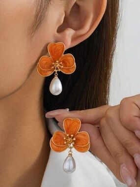 Elegant Orange Flower Drop Earrings with Pearl - Women Jewelry R413
